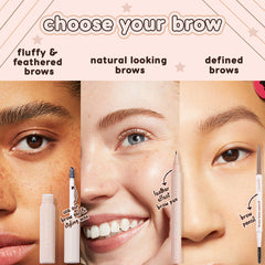 ColourPop Dope Taupe Brow Pencil defines and fills brows, shown in a choose-your-brow guide with three close-up looks - fluffy and feathered, natural, and defined - featuring the Brow Boss pencil tip and spoolie for precise shaping.