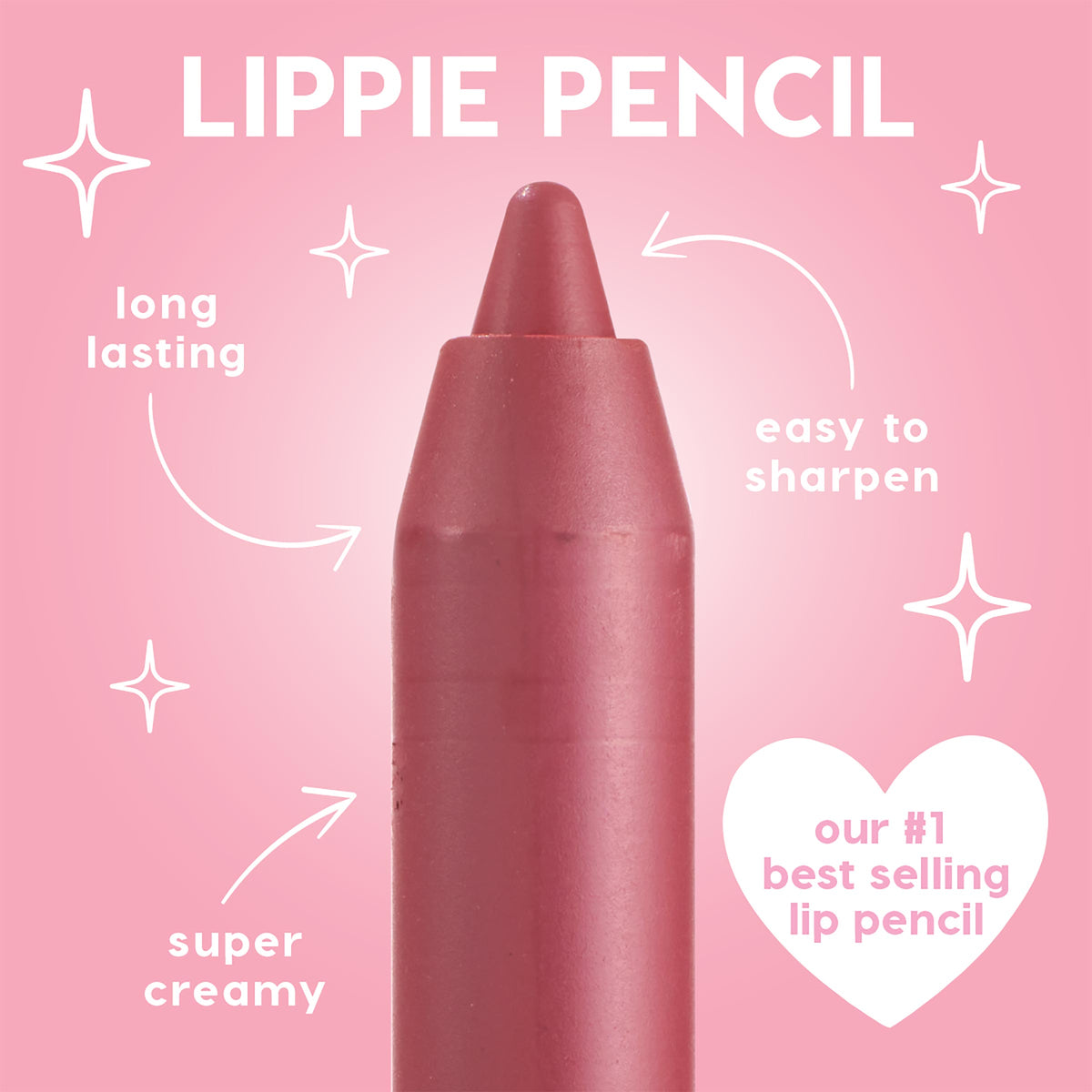 Five Stars ColourPop Lippie Pencil stands upright with a sharpened rosyβmauve tip, showing a creamy, longβwear formula against a pink gradient backdrop with sparkles and callouts, ideal for precise lip lining and easy sharpening.