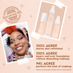 ColourPop Pretty Fresh Setting Spray Lock It In bottles standing in a trio with spray pumps beside a smiling model in bold eye makeup, on a peach backdrop with a Survived IRL badge, featuring peptides + niacinamide for all-day set and refresh.