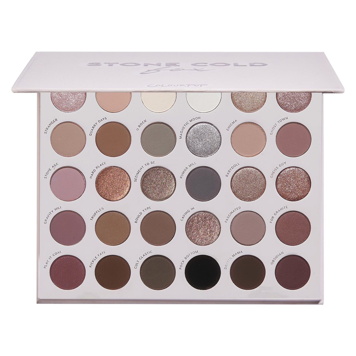 Stone Cold Fox ColourPop Shadow Palette displays 30 coolβtoned neutrals - taupes, mauves, grays, and charcoals - in matte and shimmer finishes, arranged in rows inside a white rectangular case with a soft pink lid and printed shade names.