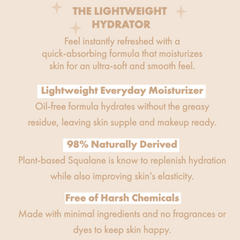 The Lightweight ColourPop Face Moisturizer delivers quick-absorbing, oil-free hydration for supple, makeup-ready skin; 98% naturally derived with plant-based squalane; free of harsh chemicals, fragrance, and dyes; beige infographic showcases benefits.