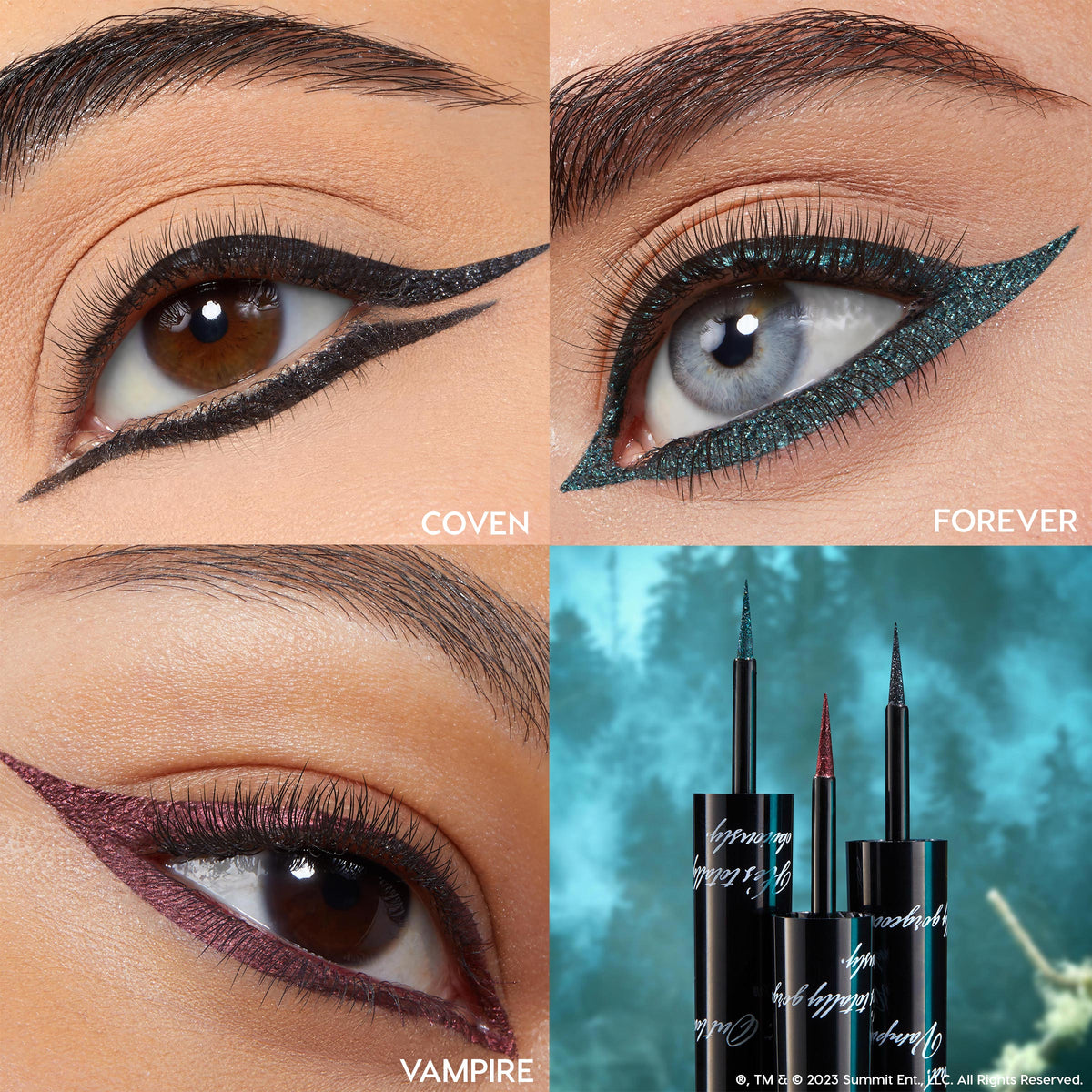 Precision liquid liners sweep into bold wings on three close-up eyes - Coven black sparkle, Forever teal glitter, Vampire burgundy shimmer - with matching pens shown against a misty forest; Twilight x ColourPop Full Collection, ColourPop Full Collection Set.