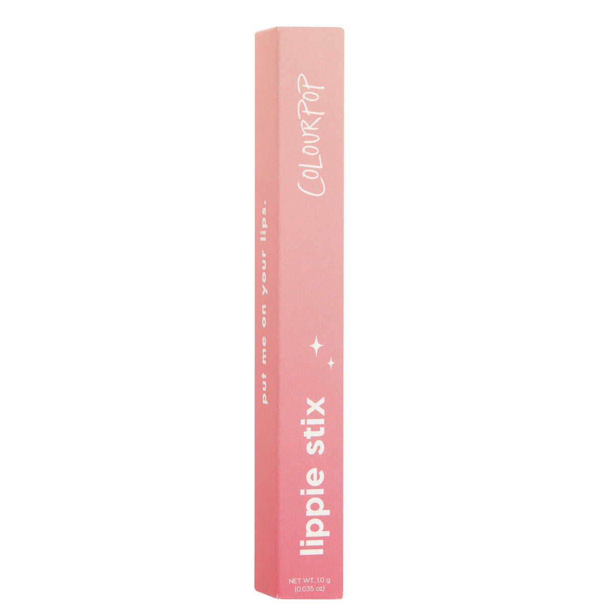 ColourPop Lippie Stix Primer stands upright, a pink ombrΓ© rectangular box displaying white βlippie stixβ and βColourPopβ text with small star icons and net wt. 1.0 g (0.035 oz), set against a clean white background.
