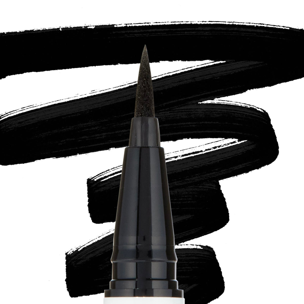 ColourPop BFF Liquid Liner Numero Uno drawing bold, jet‑black swatches, felt‑tip pen delivering precise, smudge‑resistant lines against a white backdrop, ideal for sharp wings and everyday definition.