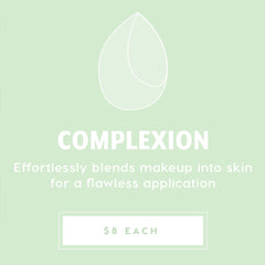 Complexion Blending Sponge blending foundation and concealer to a flawless finish, showcased on a mint-green promo card with a teardrop sponge line icon and $8 each price, part of ColourPop Makeup Tools & Accessories.