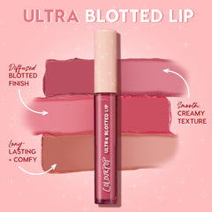 ColourPop Ultra Blotted Lip in Espresso Martini stands centered, slim tube with beige cap, while mauve and nude swatches behind it show a diffused blotted finish, smooth creamy texture, and long-lasting, comfy wear on a pink gradient backdrop.