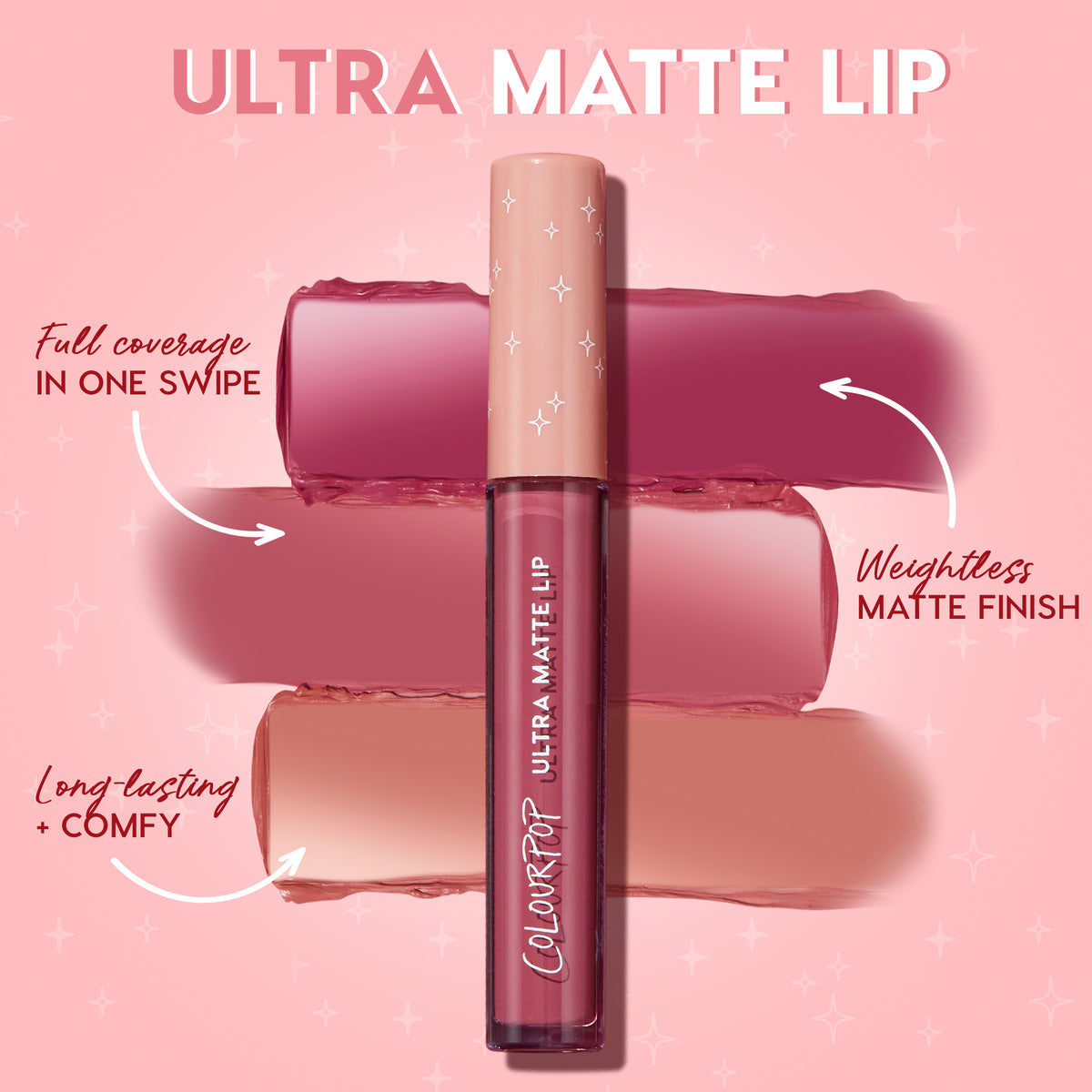 ColourPop Ultra Matte Lip in Toast stands centered over three lipstick swatches, highlighting full-coverage, weightless matte payoff; long-lasting, comfy nude-rose shade with peachy undertones on a pink starry background.