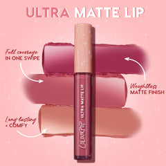 ColourPop Ultra Matte Lip in Fifth Avenue stands upright with a nude cap over three matte swatches (berry, rose, peach) on a pink backdrop, with callouts for full coverage in one swipe, weightless matte finish, and long‑lasting comfy wear.