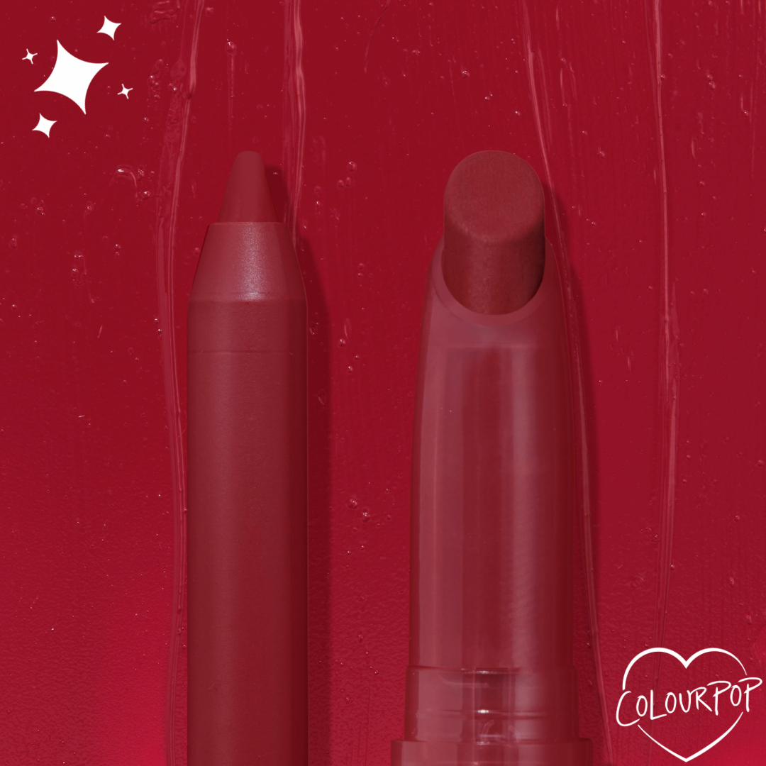 ColourPop Lippie Pencil in Bichette stands uncapped beside the matching Lippie Stix on a glossy deep red swatch background with sparkle accents and a heart-shaped ColourPop logo, showcasing its rich wine-red shade and precise tip.