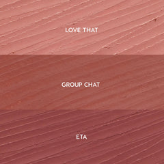Creamy lip liner swatches show three shades for the Lips Don’t Lie ColourPop So Juicy Plumping Lip Liner Set - Love That (soft pink nude), Group Chat (warm rose), and ETA (mauve) - streaked in horizontal bands on a textured background.