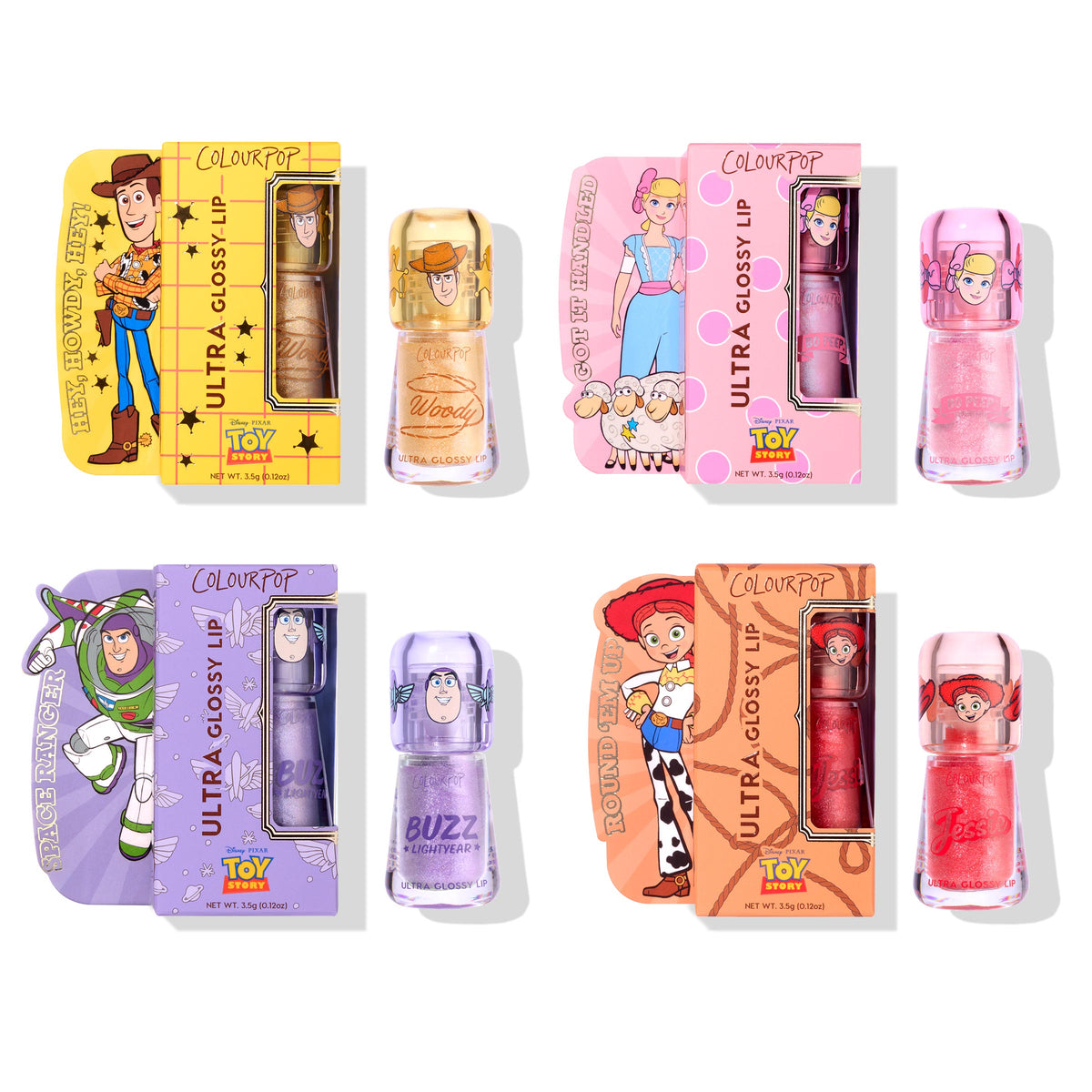 Squad Dreams ColourPop Ultra Glossy Lip set showcases four Toy Story–themed glosses - Woody warm gold shimmer, Bo Peep rosy pink sparkle, Buzz Lightyear lavender glitter, and Jessie bright red shimmer - displayed in character boxes on a white background.