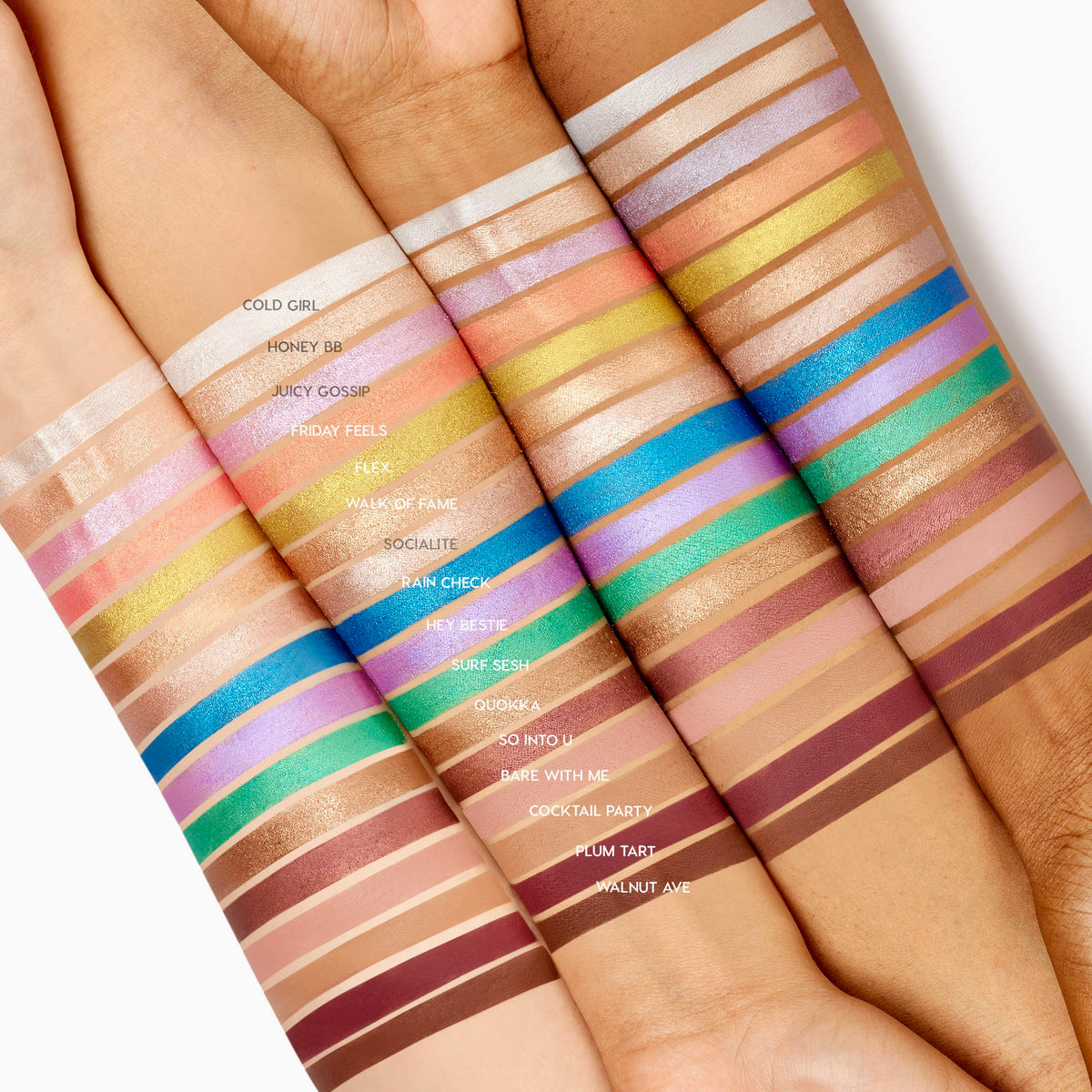 ColourPop Shadow Stix Rain Check swatched as a vivid cobalt-blue metallic stripe across three arms in varied skin tones, highlighting the creamy, one-swipe payoff of this twist-up eyeshadow stick amid assorted shade swatches.