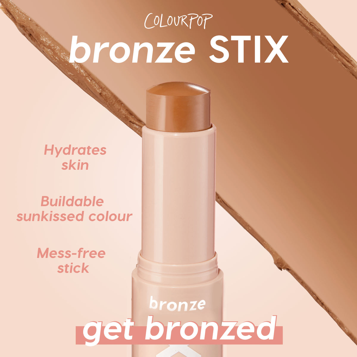 ColourPop Bronzer Stix La Jolla Cove stands uncapped, showing a warm tan cream bullet that delivers hydrating, buildable, mess‑free sun‑kissed color, set against a sweeping bronze swatch and soft pink backdrop in a clean promo layout.