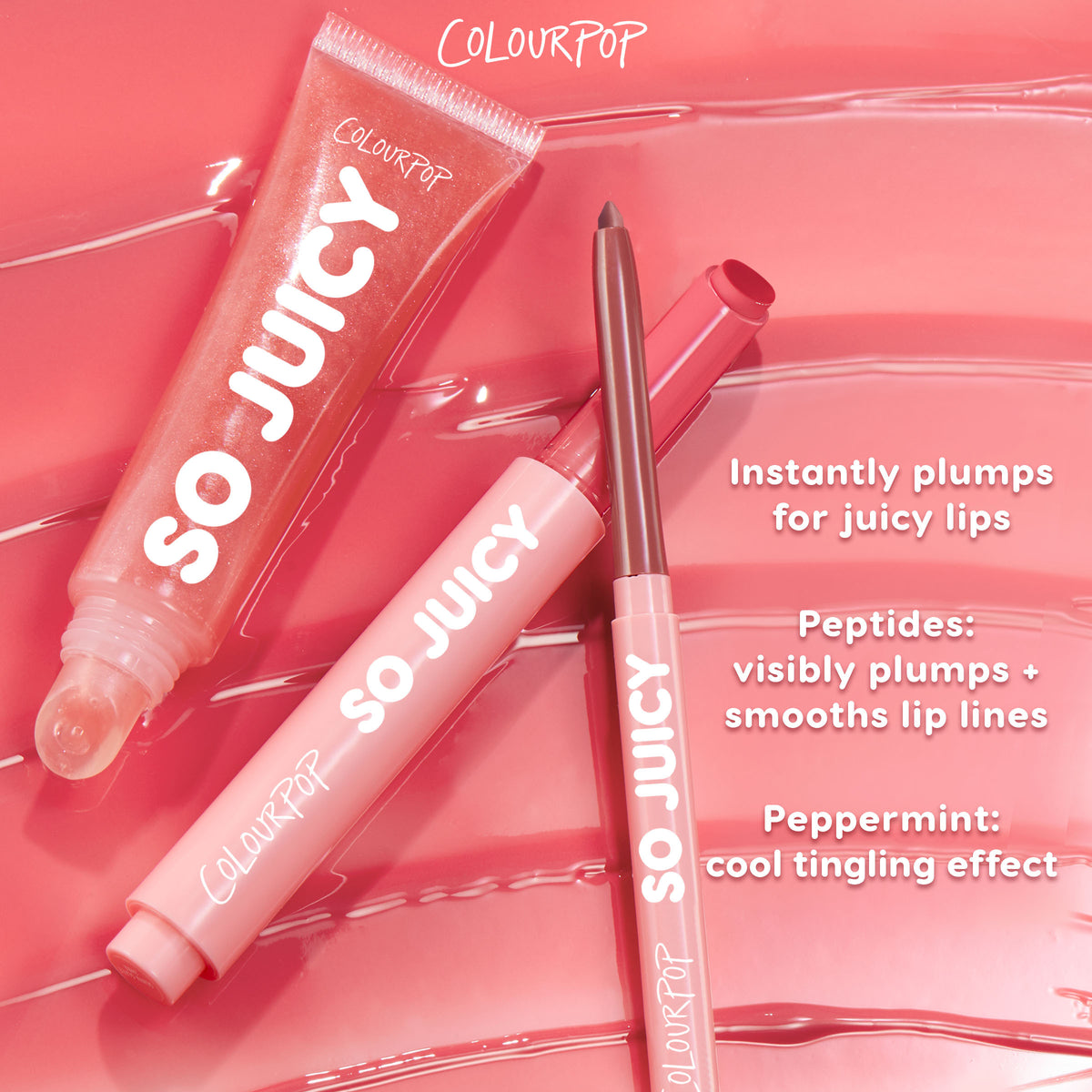 ColourPop So Juicy Plumping Lip Liner with Peptides in shade Love That, a pink twist-up pencil, rests beside matching So Juicy gloss, touting instant plump, peptide-smoothing, and peppermint tingle on a glossy pink swirled backdrop.