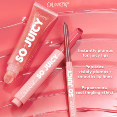 ColourPop So Juicy Plumping Lip Liner with Peptides in shade Love That, a pink twist-up pencil, rests beside matching So Juicy gloss, touting instant plump, peptide-smoothing, and peppermint tingle on a glossy pink swirled backdrop.