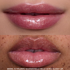 Two close-up shots of models’ lips wearing Princess Pout Disney Princess full collection set gloss in a shimmery pink shade, showing ultra-glossy, high-shine finish on different skin tones for comparison.