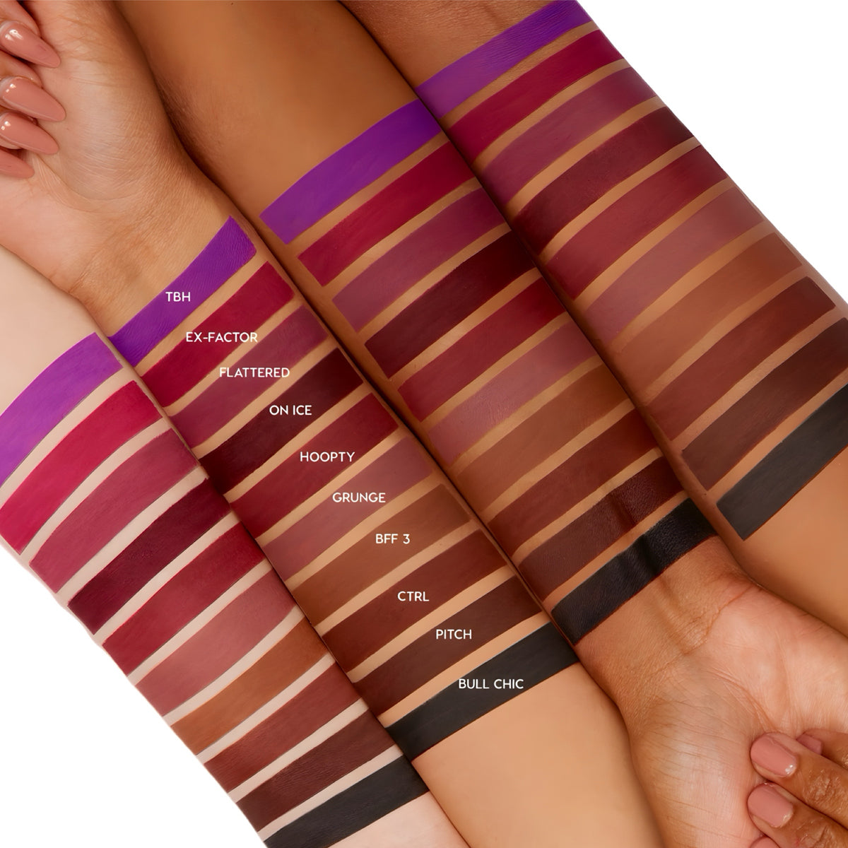 BFF3 ColourPop Lippie Pencil swatched as a medium‑brown lip liner on three skin tones, shown alongside labeled stripes from TBH to Bull Chic to compare pigmentation and smooth matte payoff.