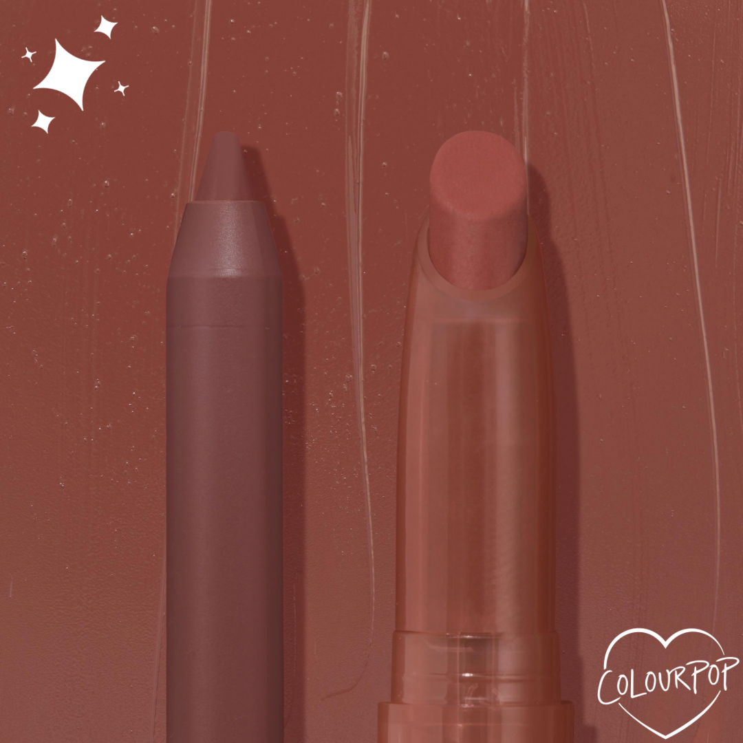 Grunge ColourPop Lippie Pencil standing beside a matching Lippie Stix, both in a creamy matte mauve-brown shade, set against a swatched brown backdrop with a small ColourPop heart logo.
