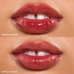 Baby Fox ColourPop Lip Stain swatched on lips - top shows glossy application with high shine, bottom shows the lasting stain - a sheer warm rosy-red tint in a close-up studio shot, showing a before-and-after finish comparison.