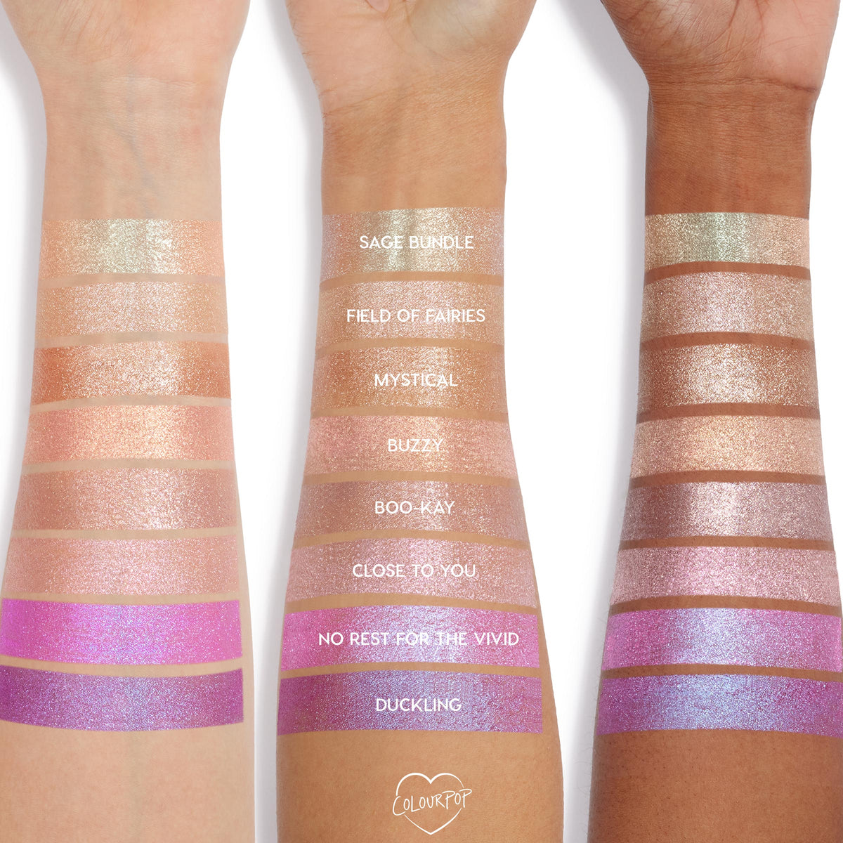 ColourPop Billionaire Jelly Much Shadow swatched on three arms in a gradient of shimmering shades, showcasing the metallic, high-shine eyeshadow finish and color payoff on multiple skin tones for US makeup lovers.