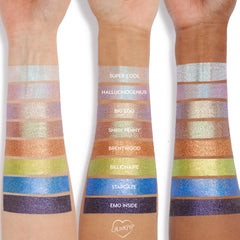 ColourPop Jelly Much Shadow “Billionaire” swatched as a vivid lime‑green metallic strip on three skin tones, shown with other shades to showcase high‑shine, opaque payoff and long‑wear gel formula.