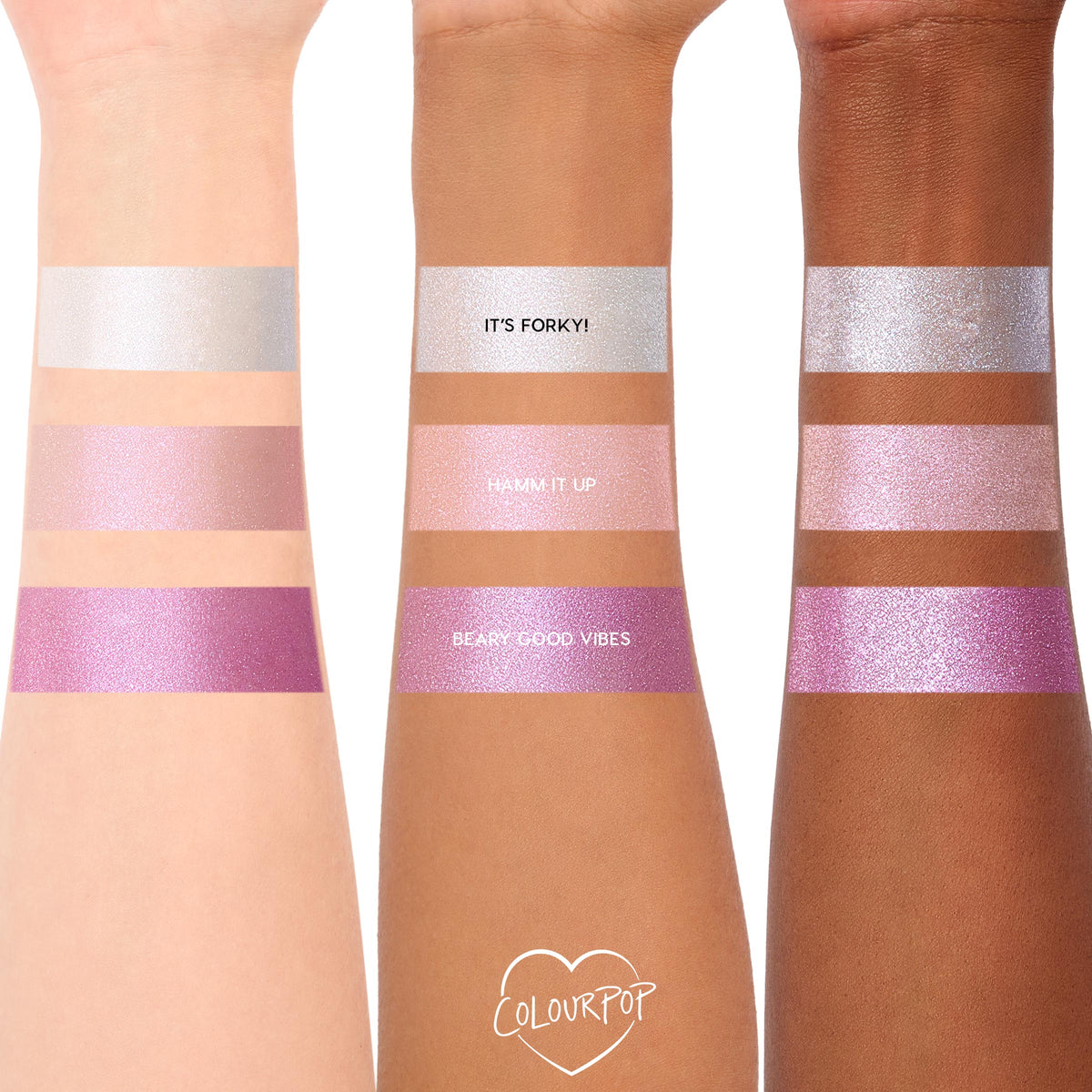 ColourPop Jelly Much Shadow Play All Day swatches coat three forearms in gleaming shades - icy silver (It’s Forky!), petal pink (Hamm It Up), and orchid purple (Beary Good Vibes) - shown on light, medium, and deep skin tones against a white backdrop.