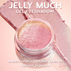 ColourPop Jelly Much Shadow Shiny Penny glistening in a clear pot, pink-to-gold duochrome metallic gel eyeshadow catching light, with wide swatches of shimmering rose on a soft peach backdrop, showcasing vibrant pigment payoff.