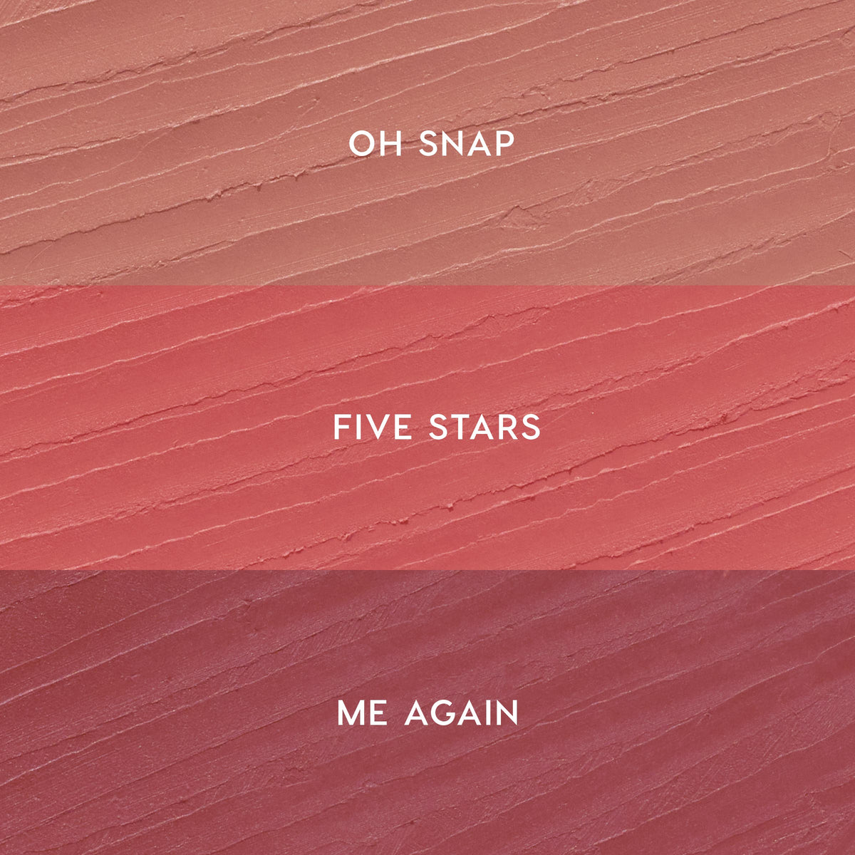 ColourPop Lippie Pencil Pinky Promise kit swatches display three shades in horizontal stripes: Oh Snap (soft nude pink) on top, Five Stars (warm rosy pink) in the middle, and Me Again (mauve berry) on bottom, shown on a textured smear.