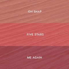 ColourPop Lippie Pencil Pinky Promise kit swatches display three shades in horizontal stripes: Oh Snap (soft nude pink) on top, Five Stars (warm rosy pink) in the middle, and Me Again (mauve berry) on bottom, shown on a textured smear.