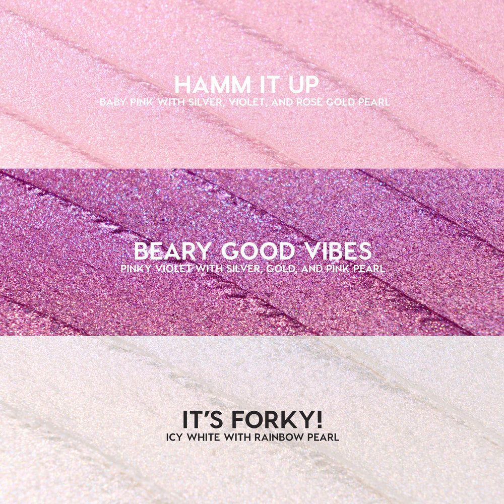 ColourPop Play All Day Jelly Much Shadow swatches: three shimmering stripes - Hamm It Up (baby pink with silver, violet, rose‑gold pearl), Beary Good Vibes (pinky violet with silver, gold, pink pearl), and It’s Forky! (icy white with rainbow pearl).