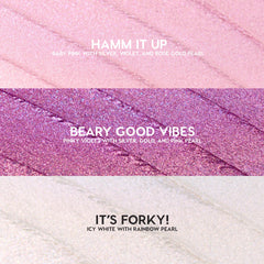 ColourPop Play All Day Jelly Much Shadow swatches: three shimmering stripes - Hamm It Up (baby pink with silver, violet, rose‑gold pearl), Beary Good Vibes (pinky violet with silver, gold, pink pearl), and It’s Forky! (icy white with rainbow pearl).