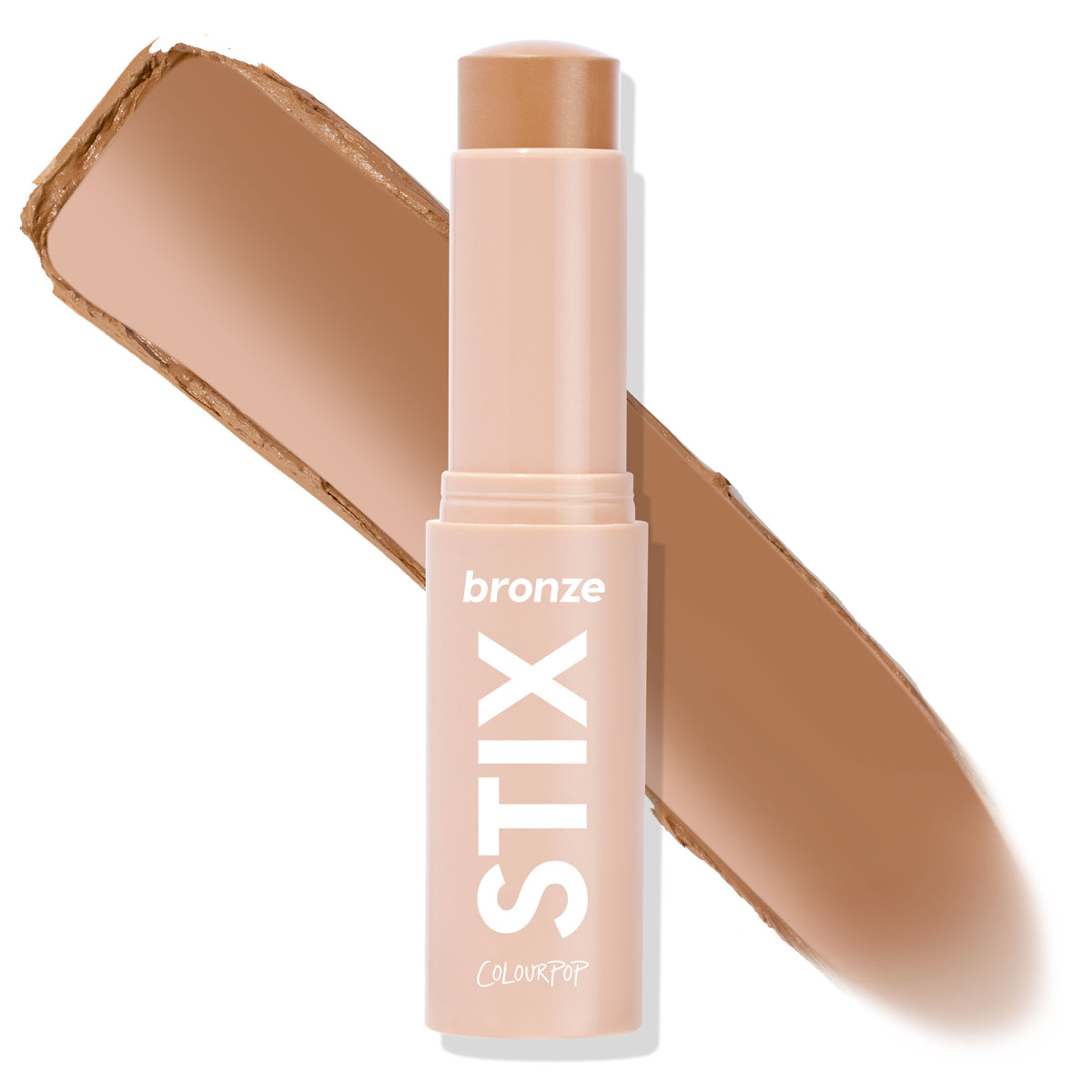 ColourPop Bronzer Stix La Jolla Cove twists up to reveal a warm medium bronze balm, shown uncapped with a wide swipe of the creamy shade behind it; nude tube with bold white STIX branding on a white background for a sun-kissed contour.