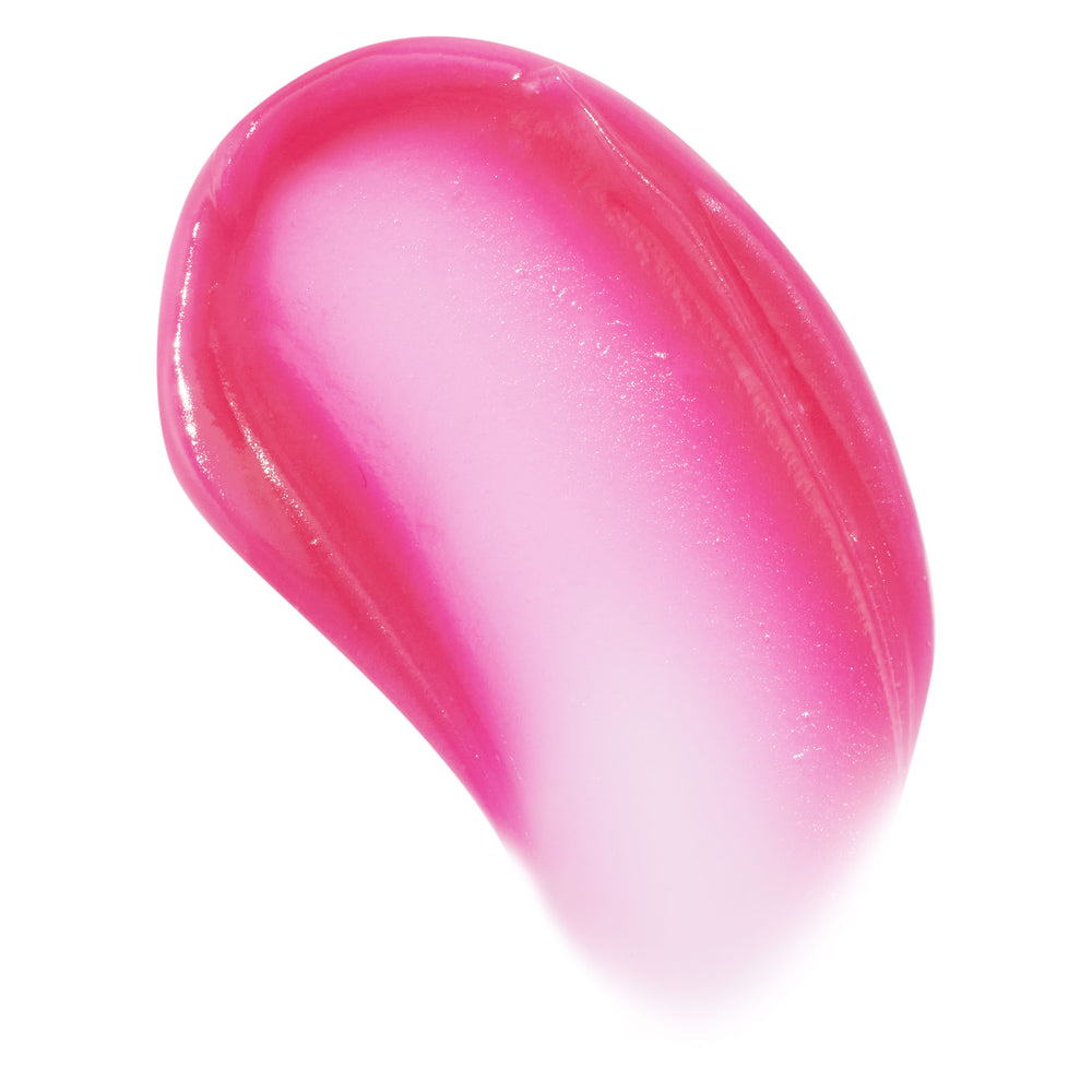 Glossy hot-pink to soft-rose lip mask swatch sweeps in a teardrop arc, showcasing the Enchanted Rose shade and hydrating, cushiony texture of the ColourPop Lip Mask against a clean white background.
