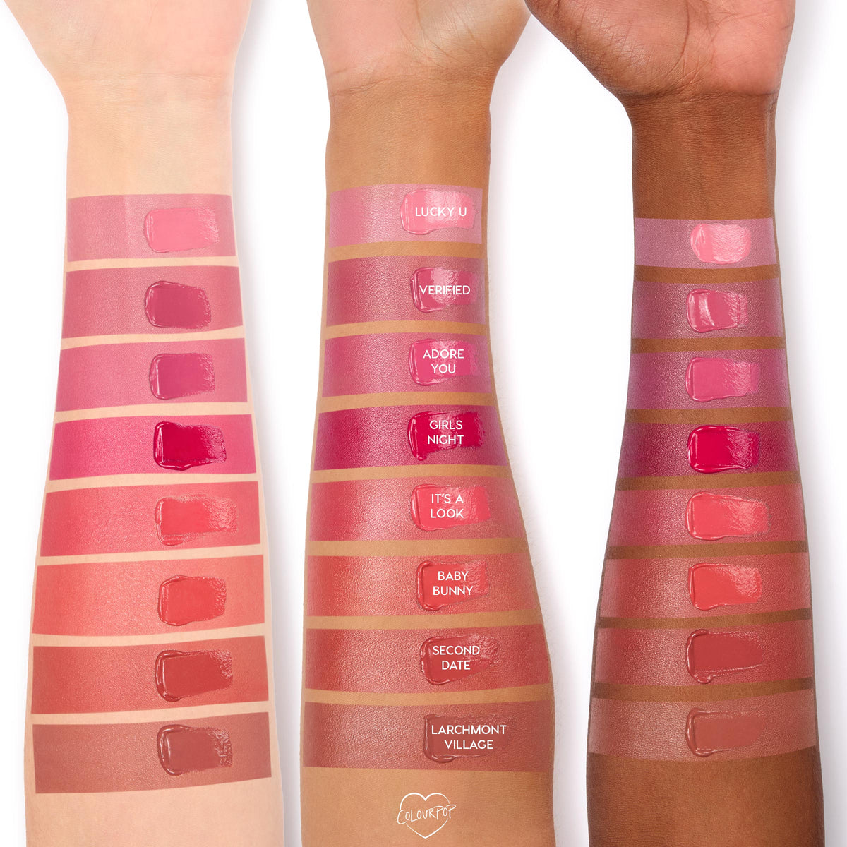Adore You ColourPop Lip and Cheek Balm swatched on three forearms of different skin tones, a glossy rosy pink square among vertically stacked labeled shades, showing creamy, buildable color and dewy shine.