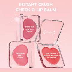 Verified ColourPop Lip and Cheek Balm showcases three heart-shaped pans in clear acrylic compacts, illustrating a weightless, hydrating, multi-use formula that applies easily with fingers or a brush against a soft pink background.