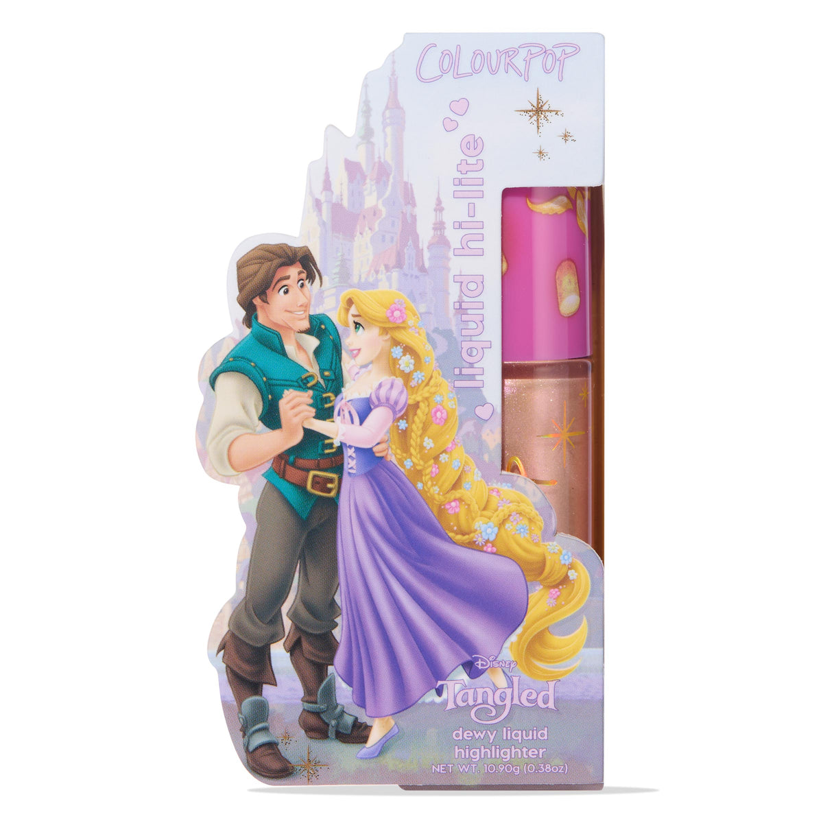 ColourPop Liquid Highlighter Mother Gothel shade displayed upright in a die-cut Disney Tangled box, featuring Rapunzel and Flynn Rider art, pink lantern-print cap, and a clear tube showing dewy, shimmery liquid highlighter.