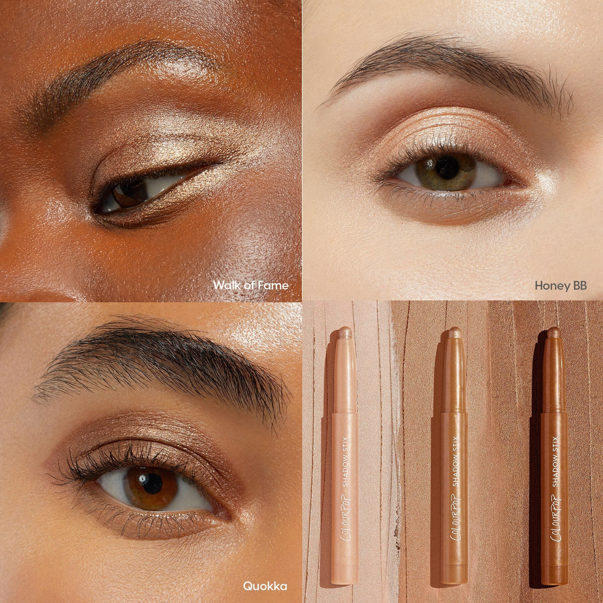 ColourPop Shadow Stix Shimmering Golds enhancing lids with luminous gold, shown in a grid: close-ups wearing Walk of Fame, Honey BB, and Quokka plus three twist-up sticks on a wood backdrop, demonstrating payoff across multiple skin tones.