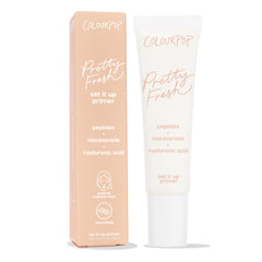 ColourPop Pretty Fresh Primer Set It Up stands upright, peach box next to a white 1 fl oz squeeze tube, highlighting peptides, niacinamide, and hyaluronic acid for smoothing and extended makeup wear against a clean white background.
