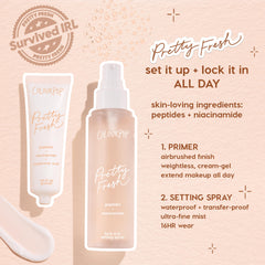 Set It Up Pretty Fresh Primer stands upright on a soft-peach background beside a matching lock it in setting spray; ColourPop Pretty Fresh Primer packaging spotlights peptides and niacinamide for a weightless, airbrushed base.