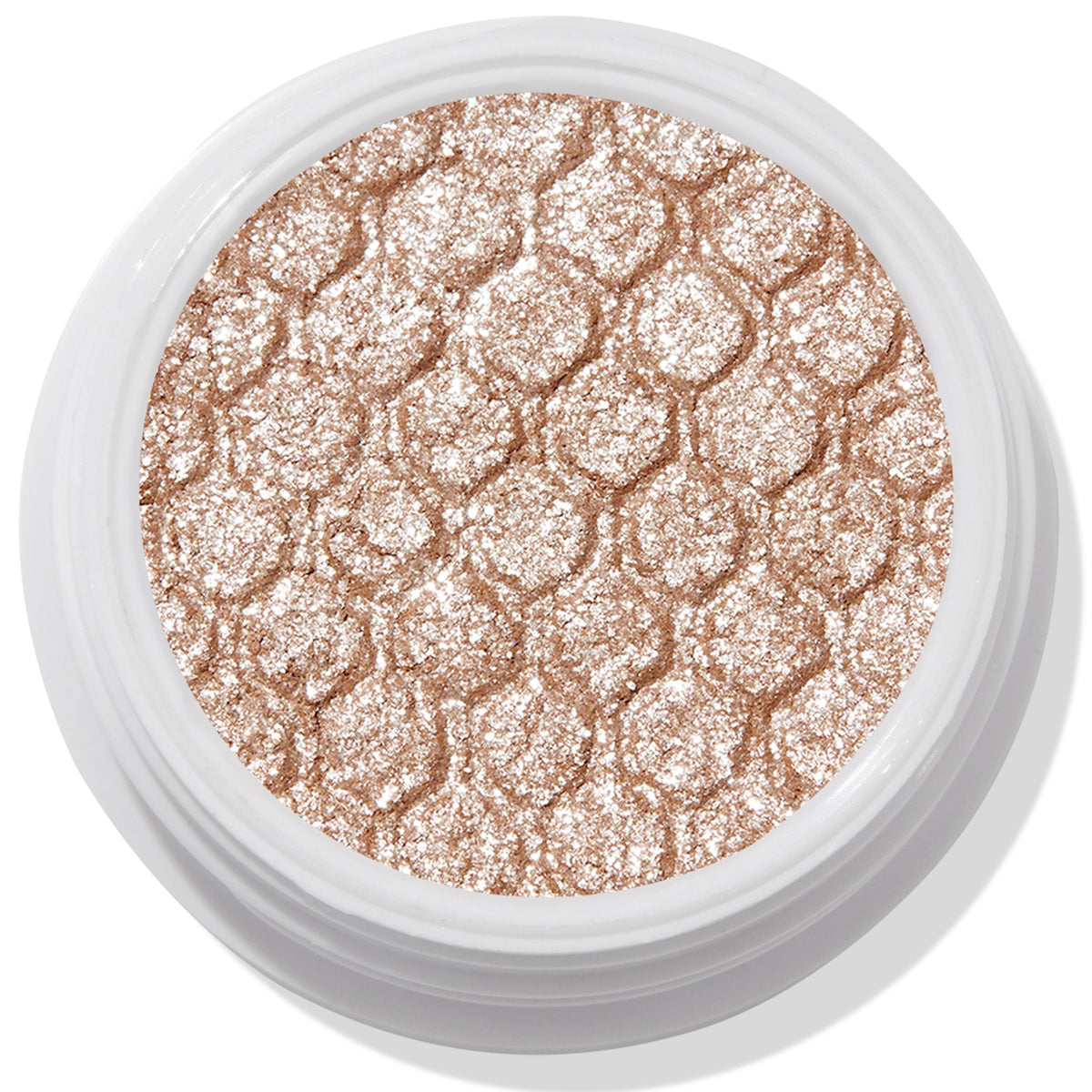 ColourPop Ritz Super Shock Shadow shimmering in a white round pot, its honeycomb-embossed, metallic champagne-beige glitter cream-to-powder formula catching light in a close-up product shot on a clean background.
