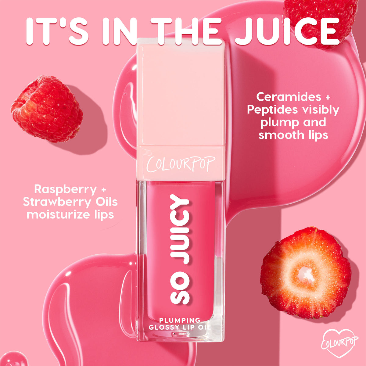 ColourPop So Juicy Plumping Glossy Lip Oil in Baby Panda stands upright with vivid pink gloss, flanked by raspberries, a strawberry slice, and shiny oil swirls, highlighting ceramides, peptides, and raspberry + strawberry oils for plump, smooth lips.