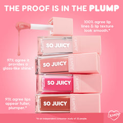 ColourPop So Juicy Plumping Glossy Lip Oil, Baby Panda: stacked tubes with pink caps and a dripping doe-foot applicator on a pink backdrop; infographic highlights 100% smoother-looking lip lines, 97% glass-like shine, 91% fuller lips.