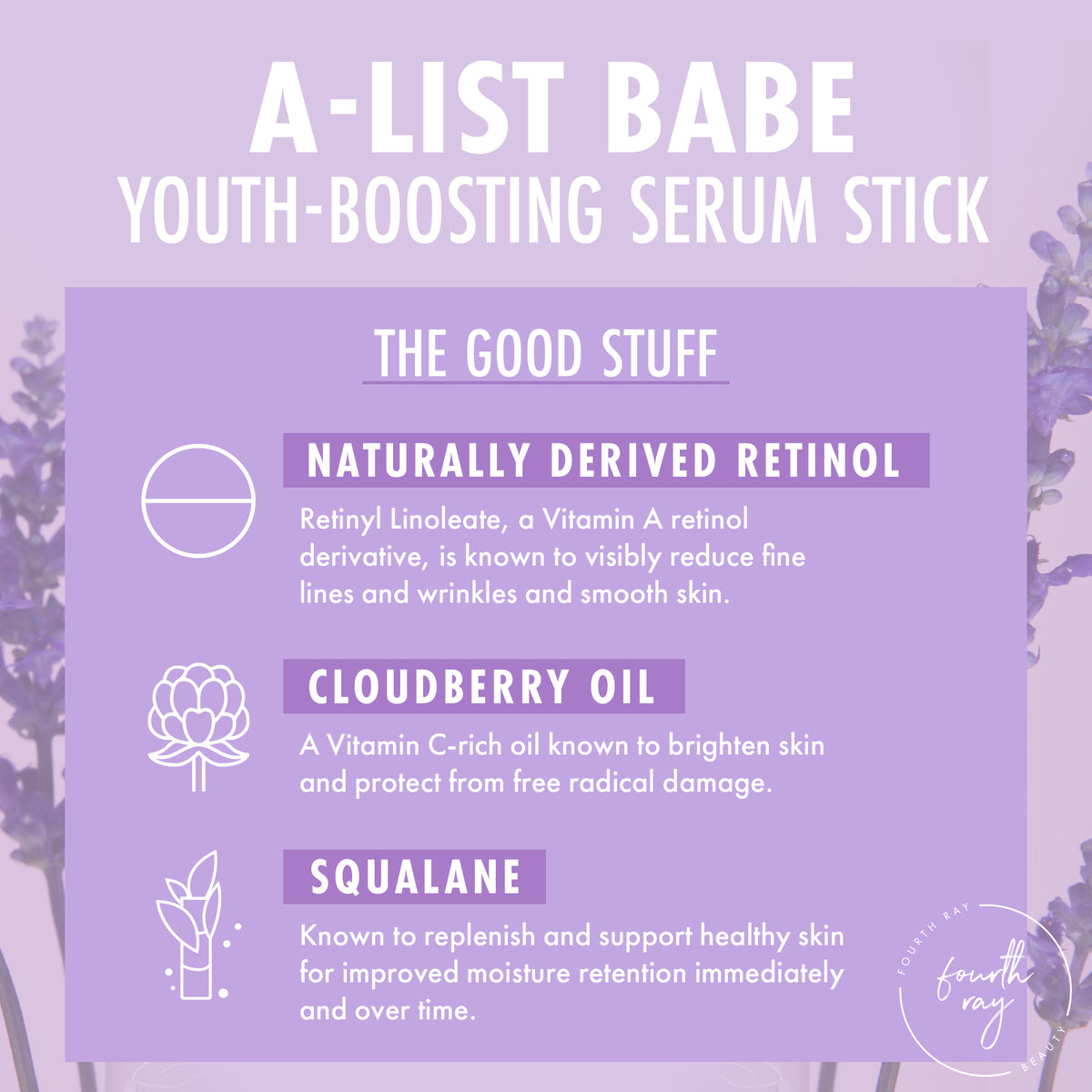 A-List Babe youth-boosting serum stick infographic showcases key benefits: naturally derived retinol (retinyl linoleate) to smooth fine lines, cloudberry oil to brighten, and squalane for moisture, on a lavender layout with Fourth Ray Beauty logo; ColourPop Serum Stick.