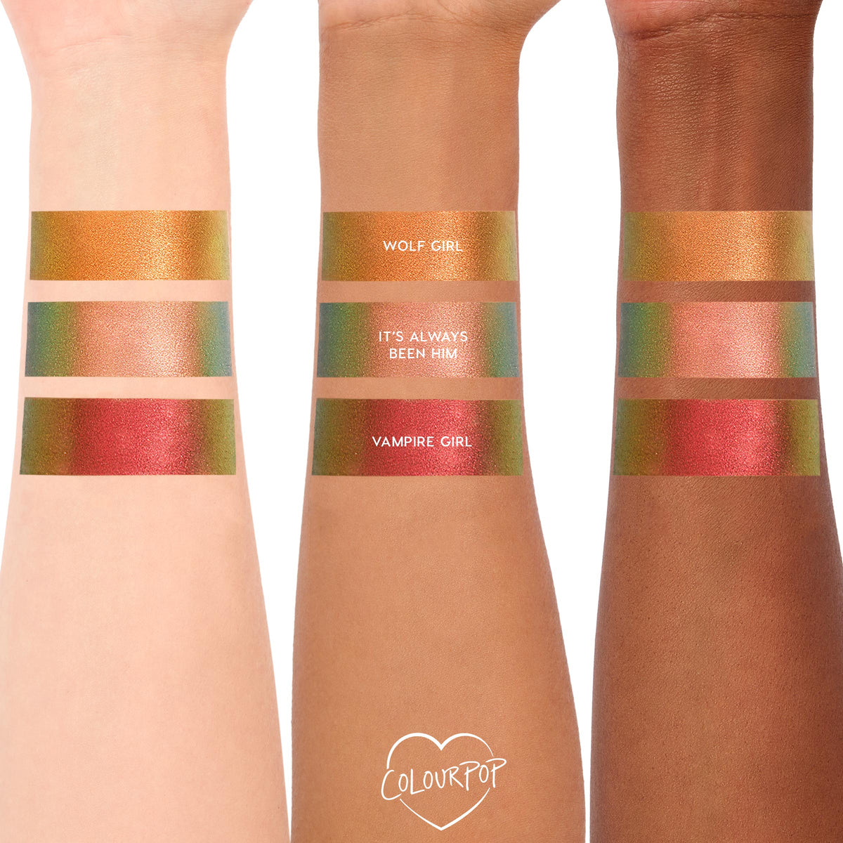 ColourPop Shadow Stix Love Triangle arm swatches shown on light, medium, and deep skin: Wolf Girl duochrome gold-green, It’s Always Been Him peach shimmer, and Vampire Girl red-gold, photographed against a clean white backdrop.