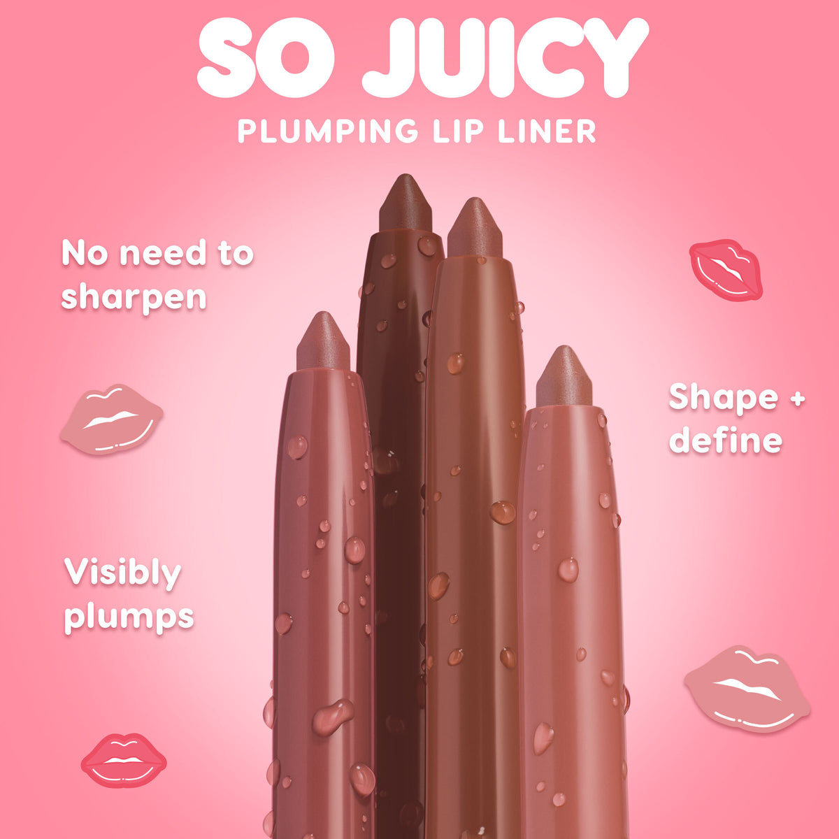 ColourPop So Juicy Plumping Lip Liner with Peptides, Love That - four twist-up lip liner pencils stand upright with dewy droplets, showcasing rosy-nude shades that visibly plump, shape, and define against a pink gradient background.