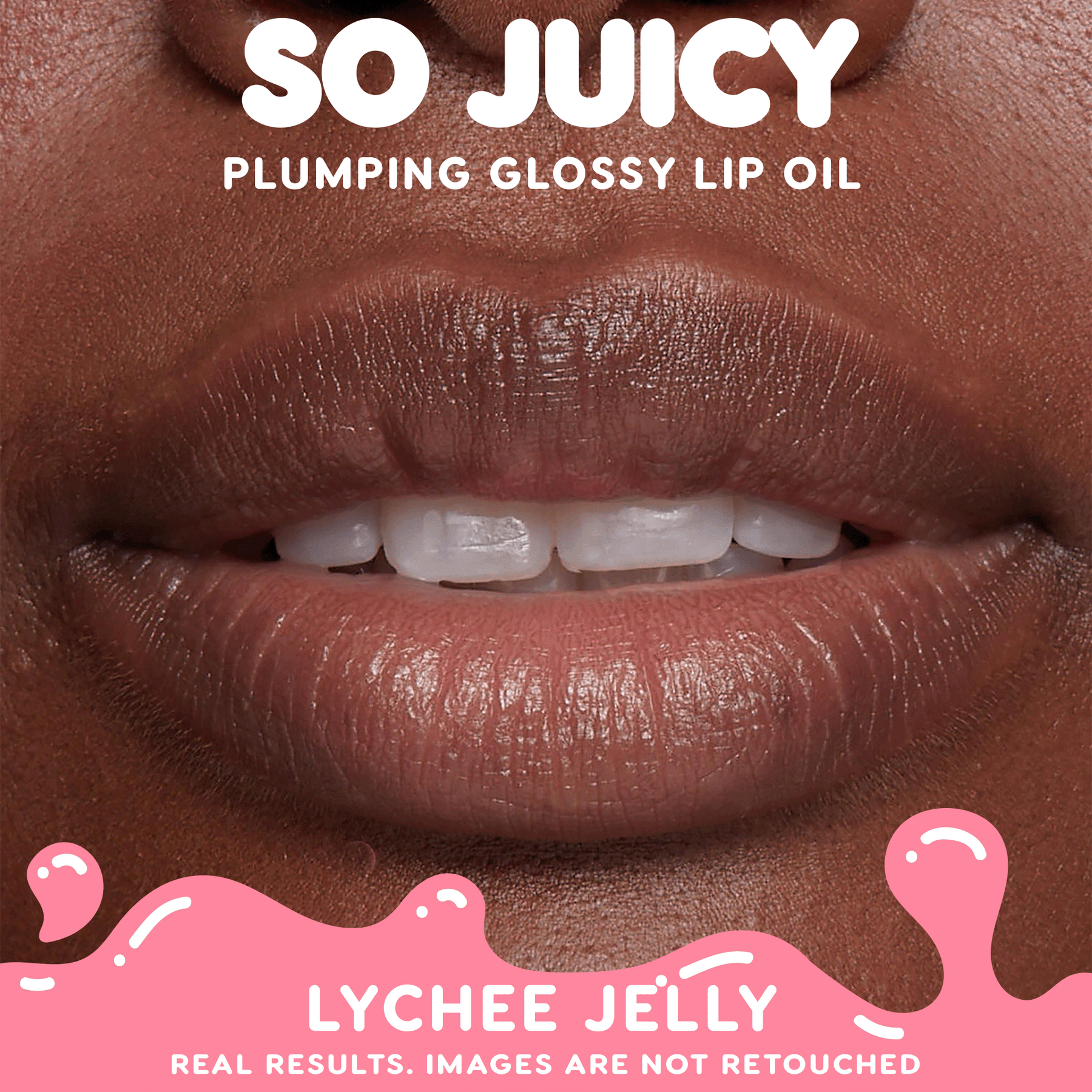 Close-up lips applying Colourpop So Juicy Plumping Glossy Lip Oil in Baby Panda, showing smooth, hydrated shine to highlight Lip Gloss & Lip Oil results against a clean pink graphic background