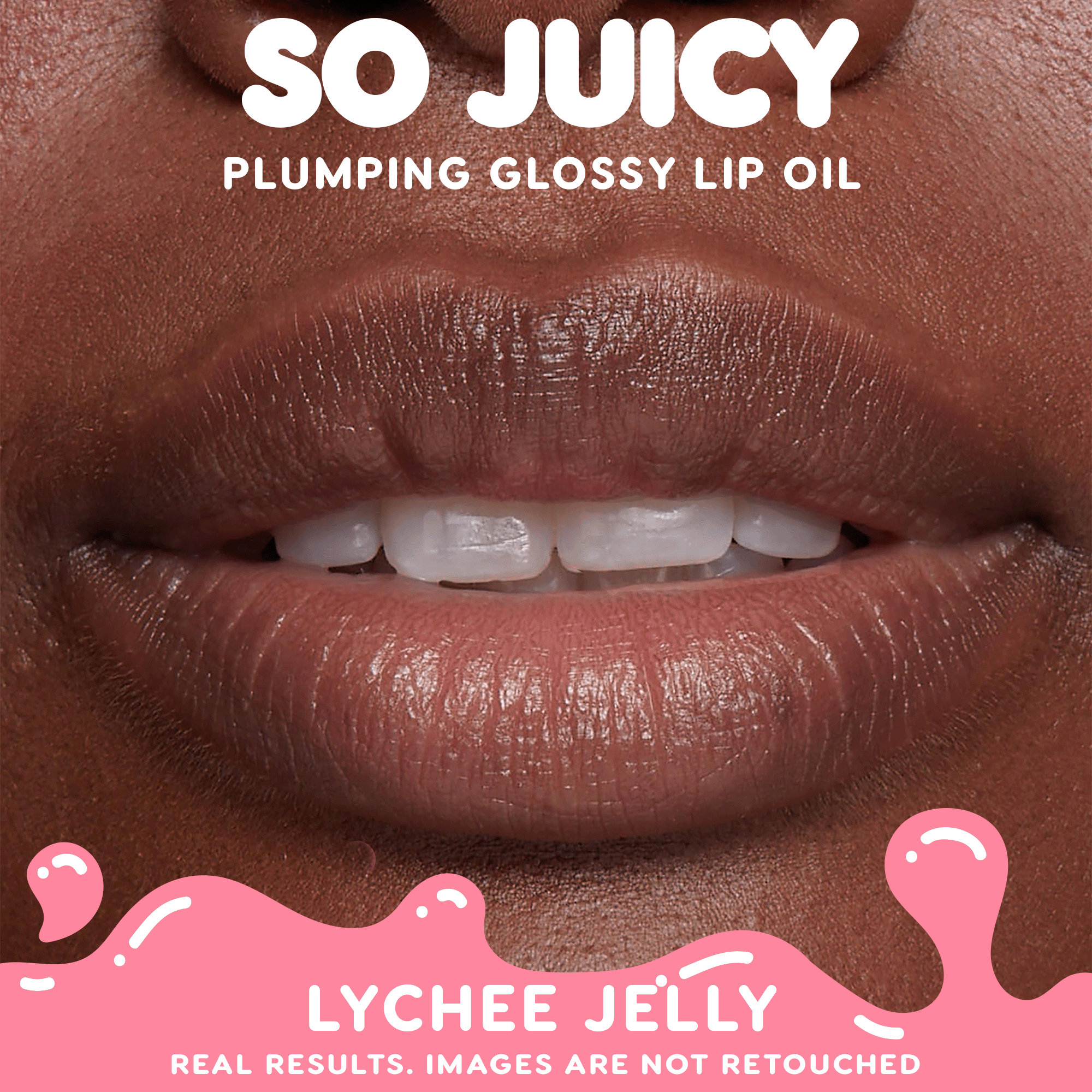Close-up lips wear ColourPop So Juicy Plumping Glossy Lip Oil in Lychee Jelly, delivering a plumped, glassy shine; part of the Trending Now collection and showcasing real, non-retouched results.