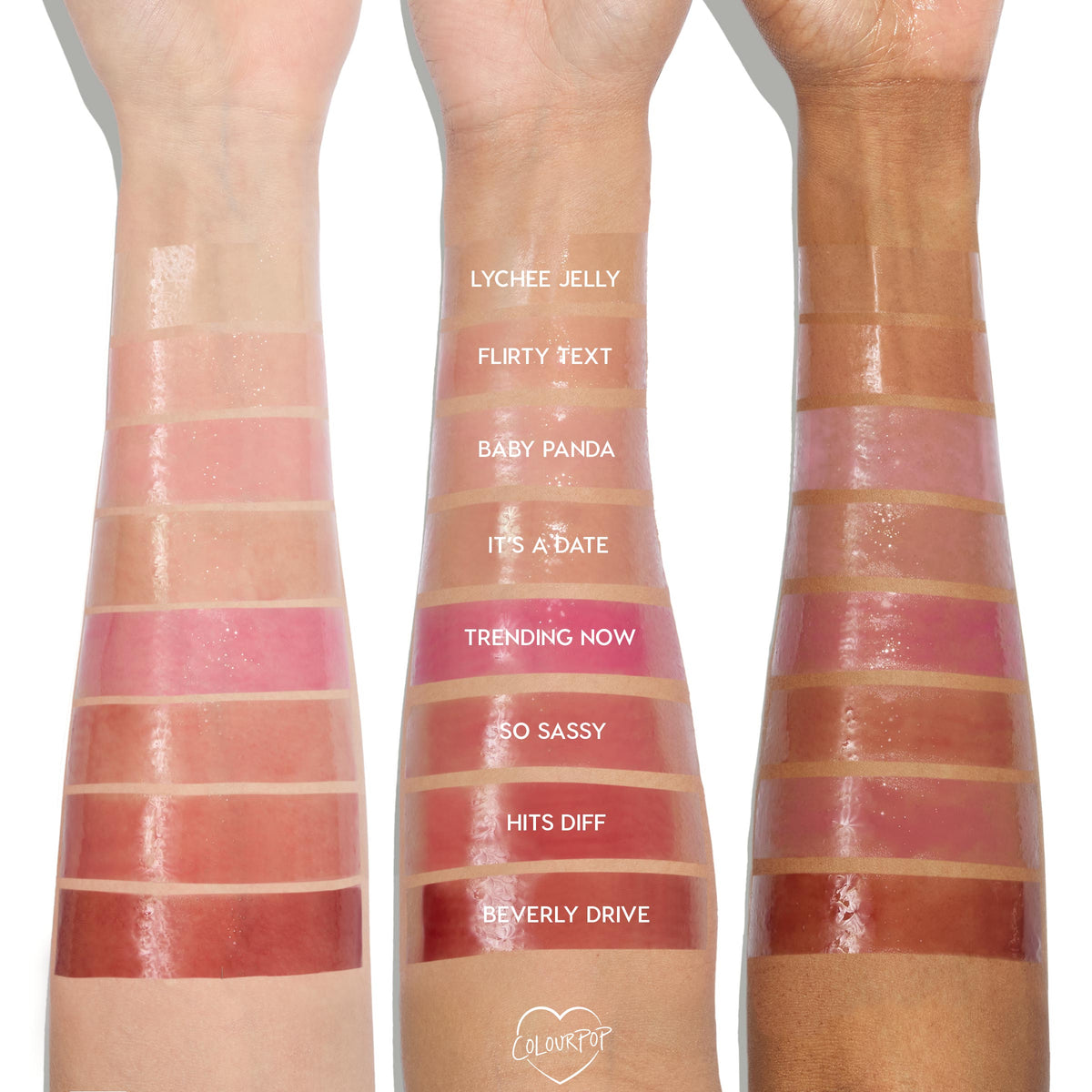 Baby Panda swatch - ColourPop So Juicy Plumping Glossy Lip Oil - gleams as a sheer pink strip, third from top, across three arms in light, medium, and deep tones, shown with other shade swatches to compare high-shine plumping finish.