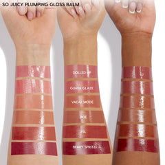ColourPop So Juicy Plumping Gloss Balm with Peptides (So Balm) swatched in six glossy shades - Dolled Up, Guava Glaze, Vacay Mode, Doe, PSL, Berry Spritz - striped across three skin tones on forearms, highlighting high-shine plumping finish.