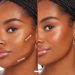 ColourPop Bronzer Stix Laguna Beach swiped in deep bronze on the cheek and jaw (left) and blended to a seamless, glowy contour (right), split-screen close-up of a model showing before-and-after application results.
